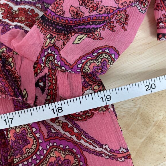 J. Crew Ruffle-Front Silk Chiffon Top‎ Vibrant Paisley Pink Womens Size 6 - Picture 5 of 11